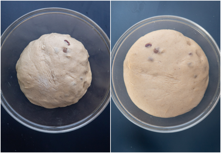 the dough in an oiled bowl before and after rising