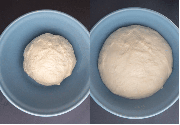 The dough in a blue bowl before & after rising.