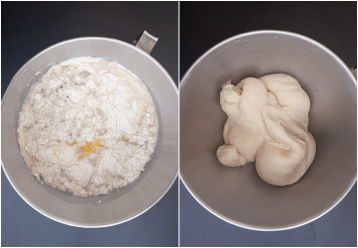 adding the ingredients to the bowl and kneading to form a compact dough.