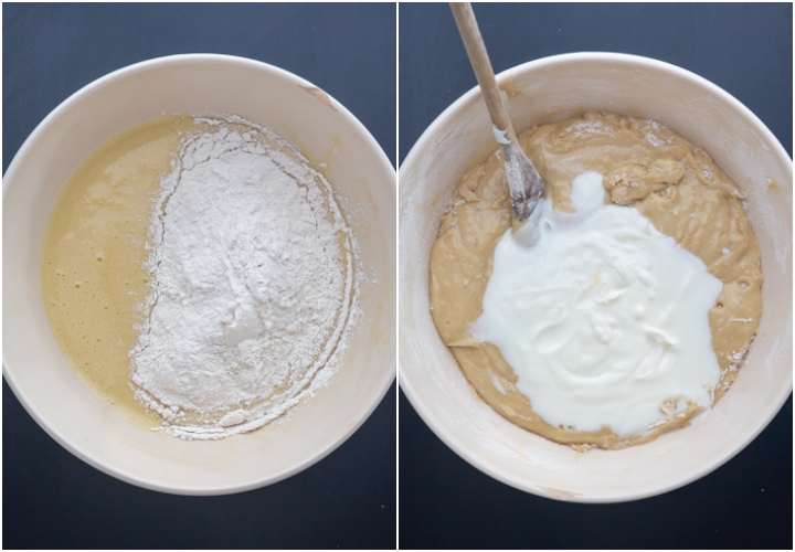 Alternately adding the dry ingredients and yogurt to the creamed mixture.