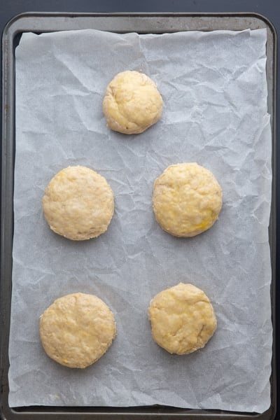 cut out rounds on a parchment paper lined cookie sheet.