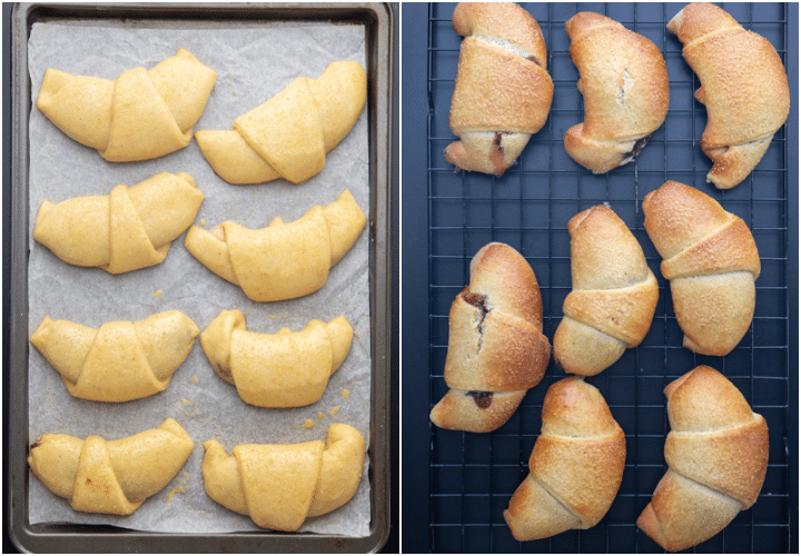 the crescents brushed with milk and before and after baking.