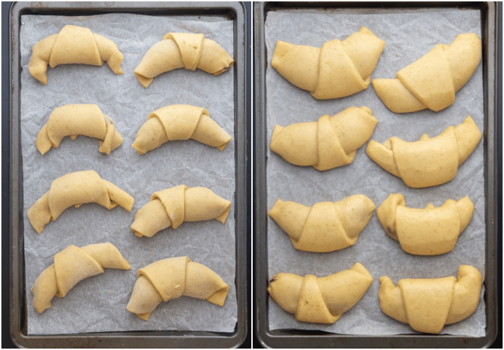 The crescents on a cookie sheet before and after rising.