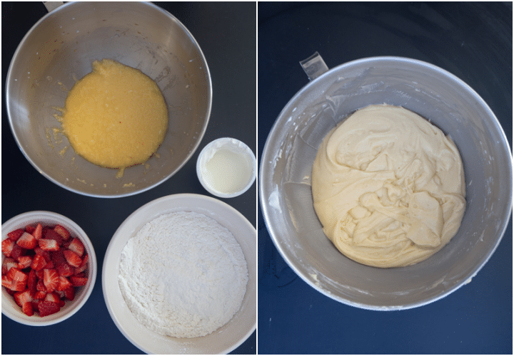 beating the eggs and sugar in a mixing bowl, dry ingredient whisked in a bowl and the batter made