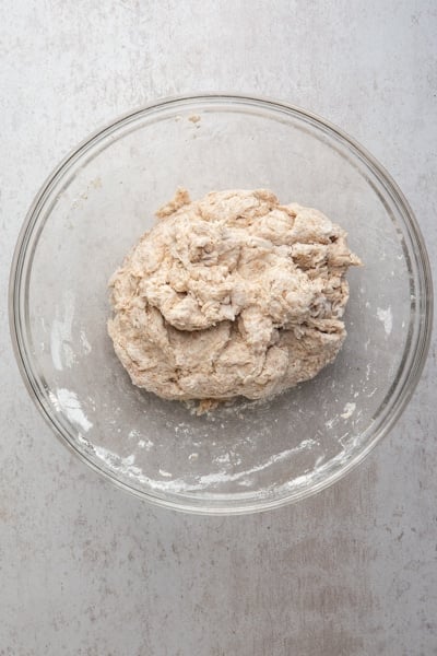 The flour mixed in a glass bowl.