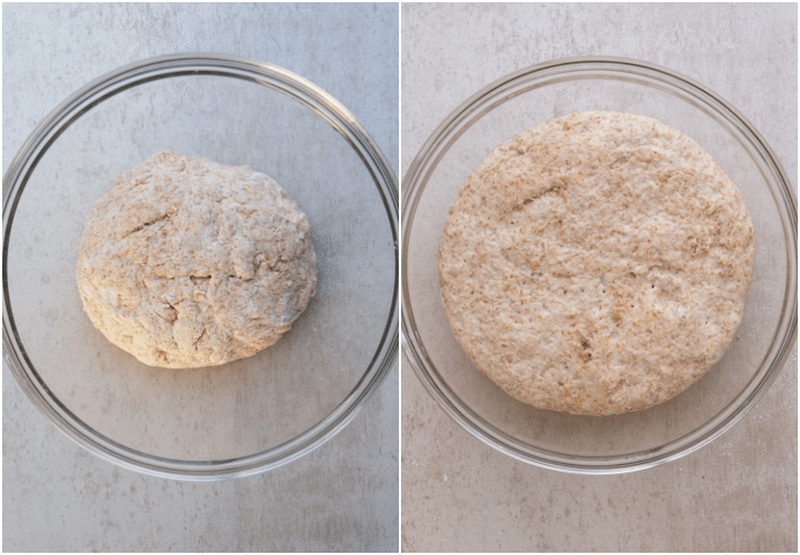 The dough before and after resting in a glass bowl.