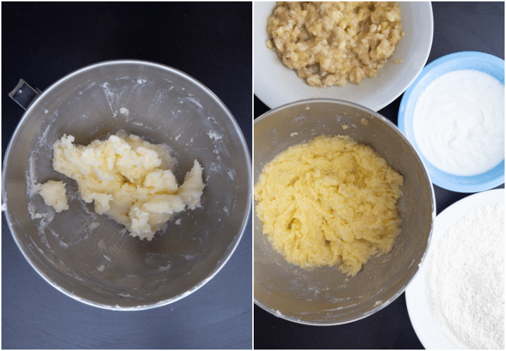 Butter & sugar beaten in mixing bowl and ingredients in separate bowls.