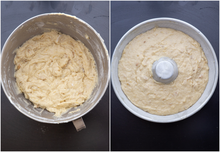 The batter beaten and placed in the bundt pan.