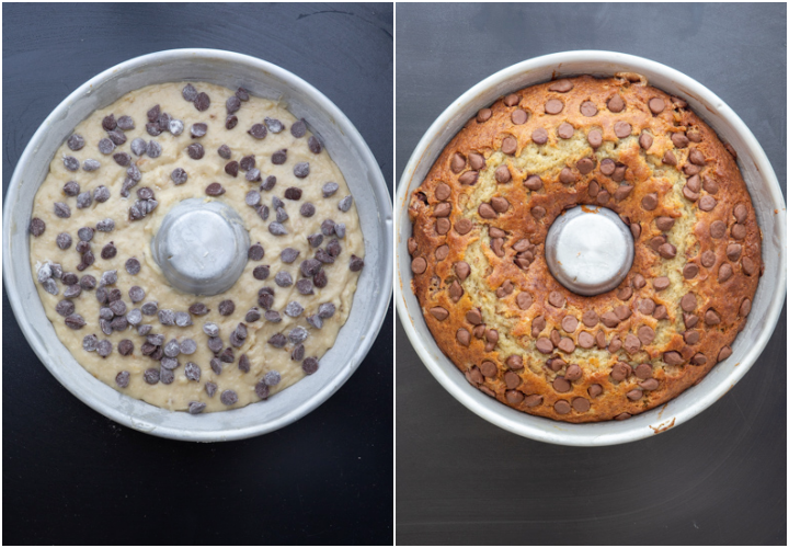 The banana cake before and after baking in the bundt pan.