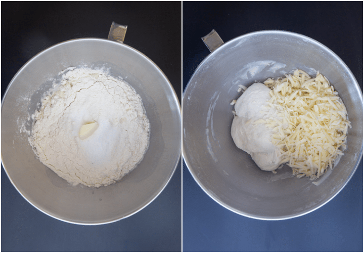Ingredients in a silver mixing bowl knead, then cheese added on top.
