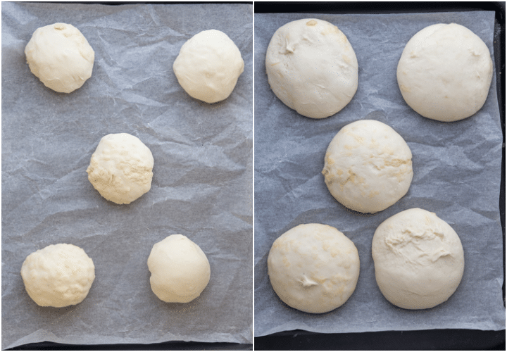 Dough divided into 5 buns before and after rising.
