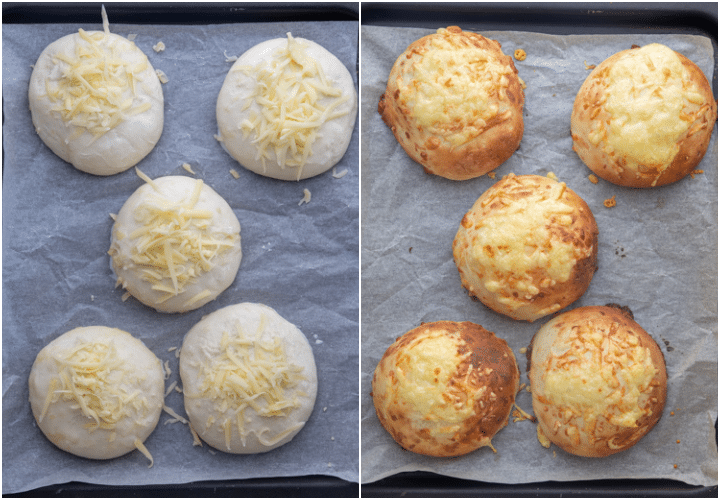 Buns brushed with milk & shredded cheese added on top, before and after baking.