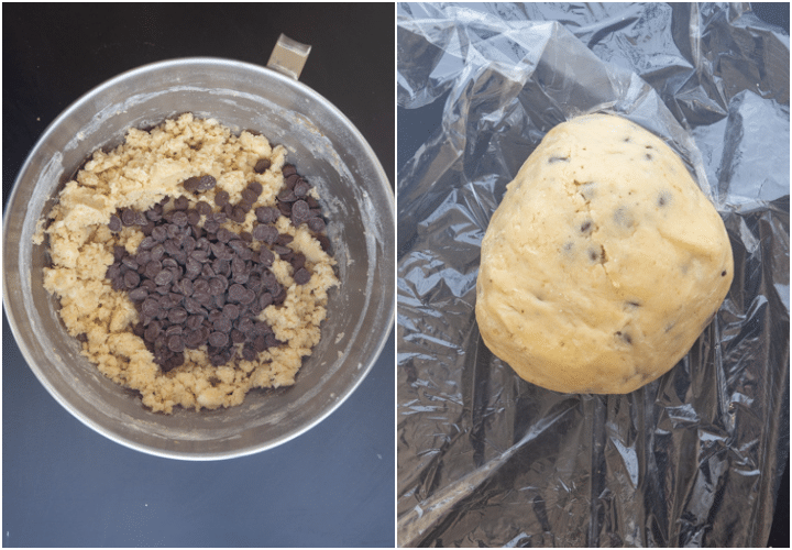 Adding the chocolate chips to the batter and wrapping the dough in plastic.