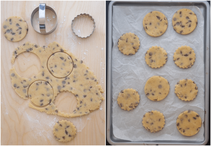 Cut out cookies on a board and on the cookie sheet.