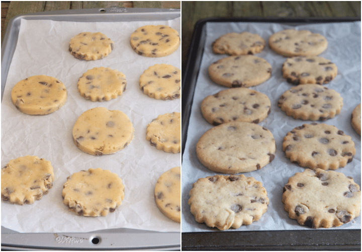 Cookies on the cookie sheet before and after baking.