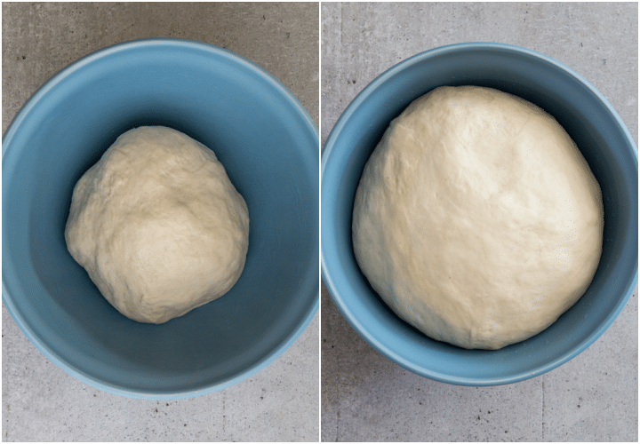 Dough before and after rising in a blue bowl.