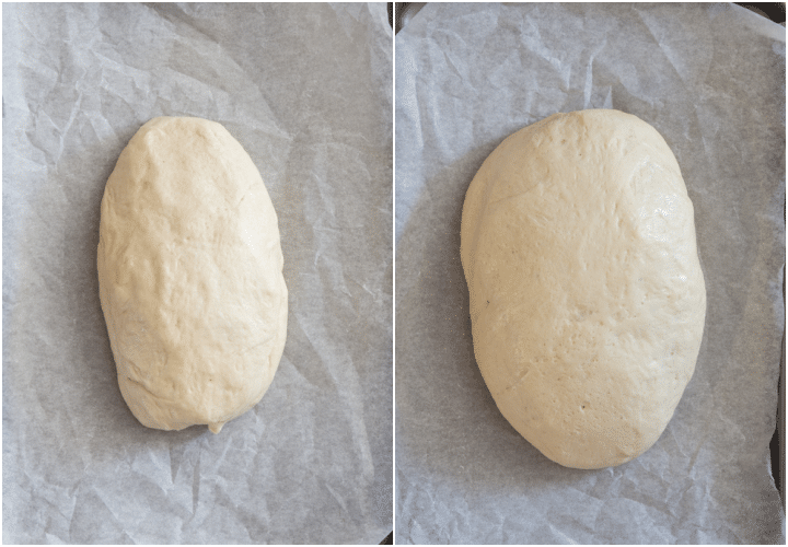 Dough on parchment paper before and after rising.