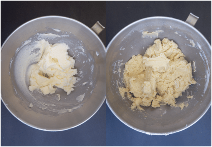 The butter creamed with the sugar & the flour added to form a dough in a silver mixing bowl.