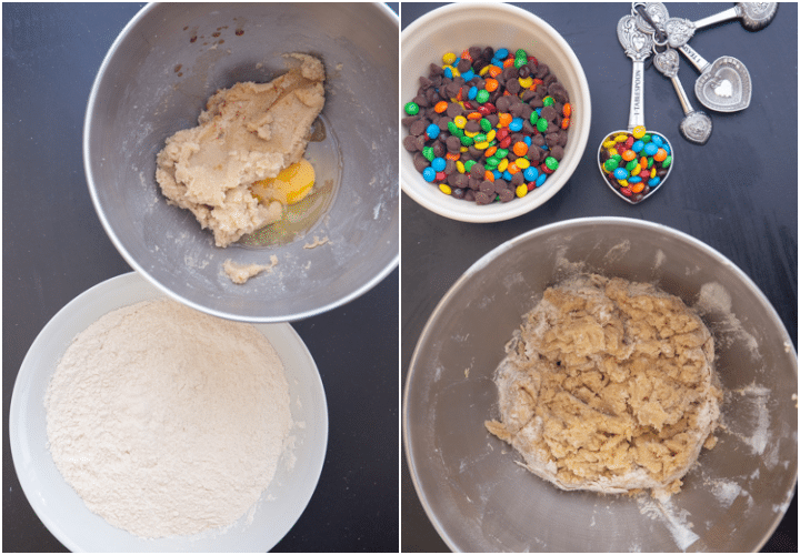 The whisked dry ingredients and beaten wet ingredients in bowls. Dry ingredients & wet mixed together in mixing bowl. M&ms in a small bowl and on a tablespoon spoon.