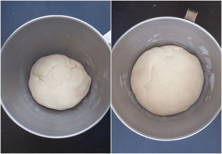 The dough in the bowl before and after rising.
