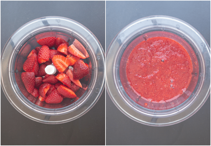 Strawberries in a food processor before and after blended.
