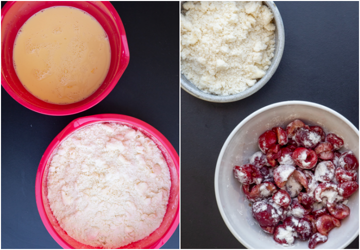 Wet ingredients & dry ingredients mixed in red bowls. Crumb topping in small bowl and cherries tossed with flour in a white bowl.