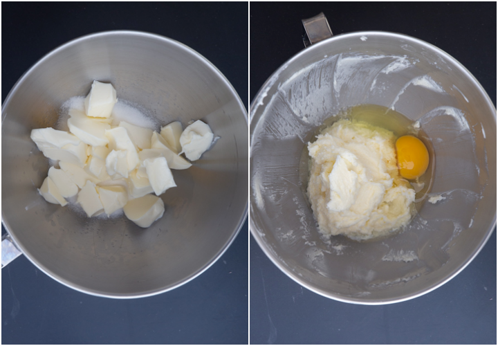 Sugar & butter in the mixer, mixed and egg added in the bowl.