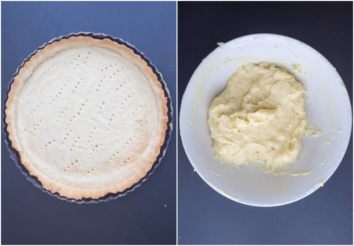Baked crust and pastry cream in a white bowl.