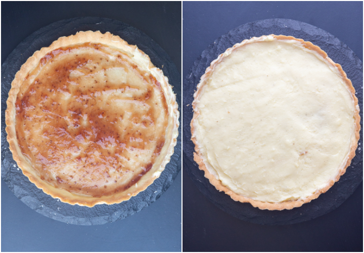 Jam spread on the crust and the cream spread.