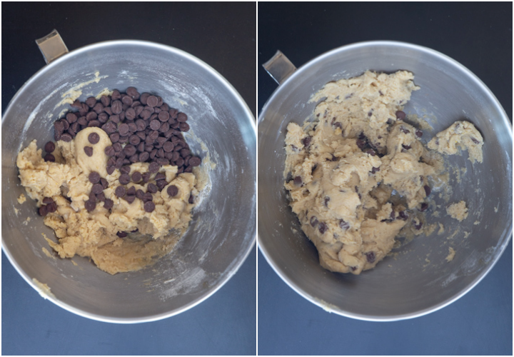 Batter mixed, chocolate chips on top and mixed to combine.