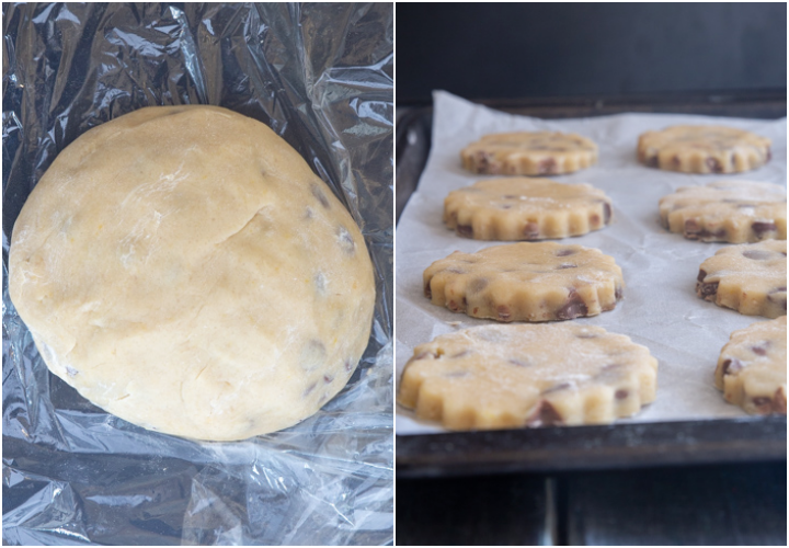 Dough rolled on plastic wrap to chill and cut out on cookie sheet.