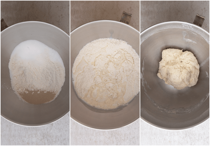 Ingredients in the mixing bowl and forming the dough.