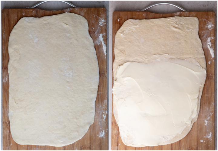 Spreading the butter on the dough and making the first fold.