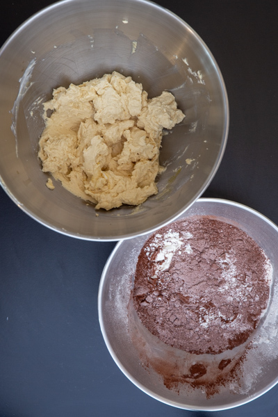Wet ingredient in mixing bowl and dry ingredients sifted in a separate bowl.