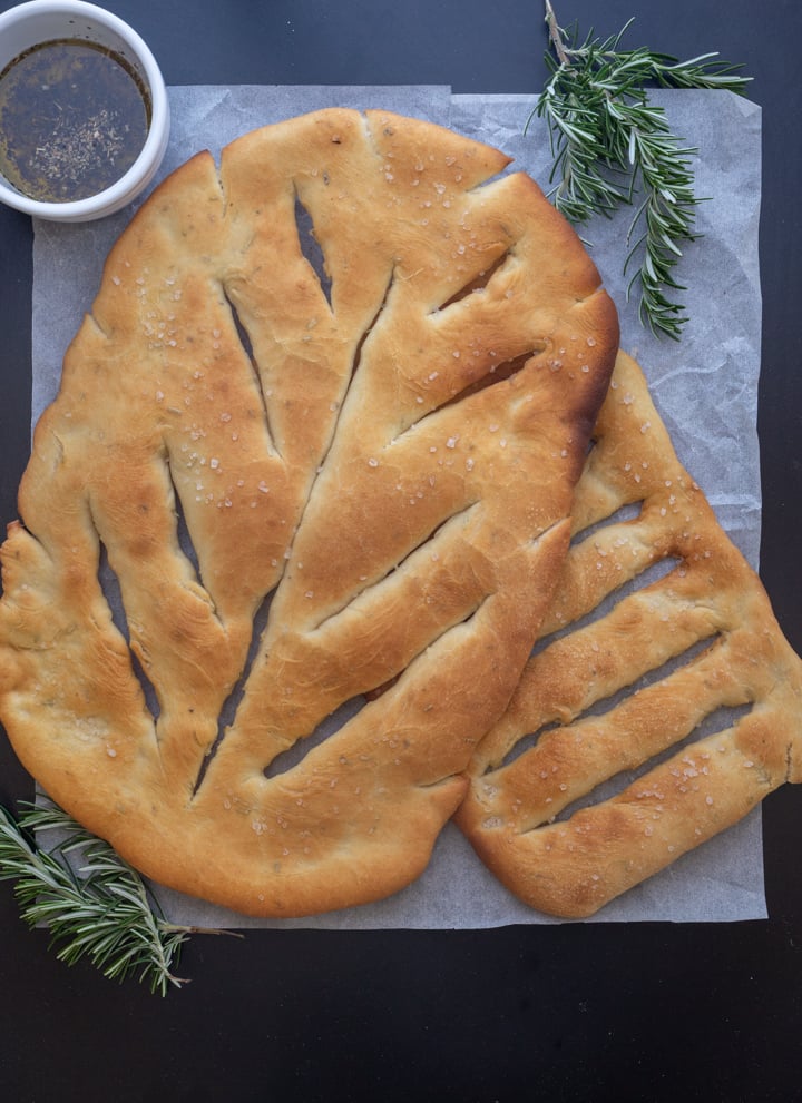 One fougasse bread on top of the other.