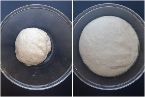 Homemade pizza dough before and after rising.