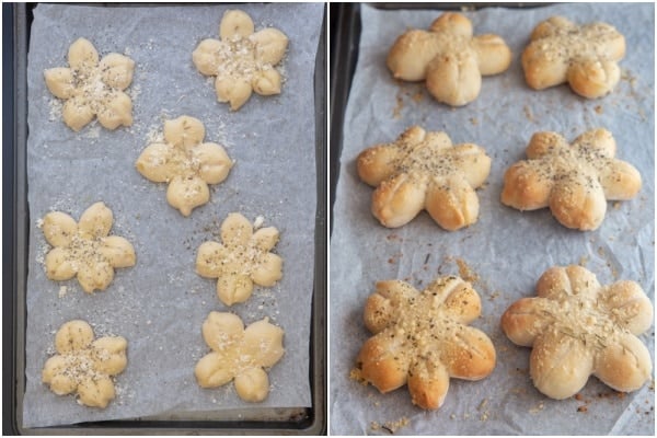The pizza stars on a cookie sheet before and after baked.