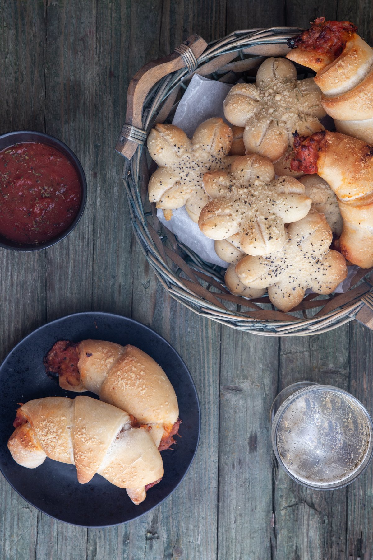 Pizza ideas, crescents and starts in a basket and on a black plate.