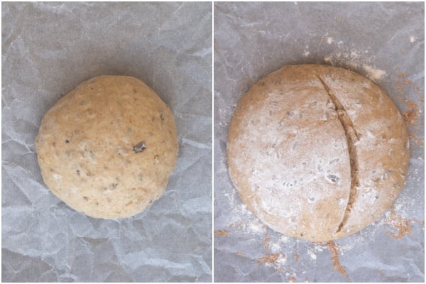 Multigrain bread dough before and after rising.