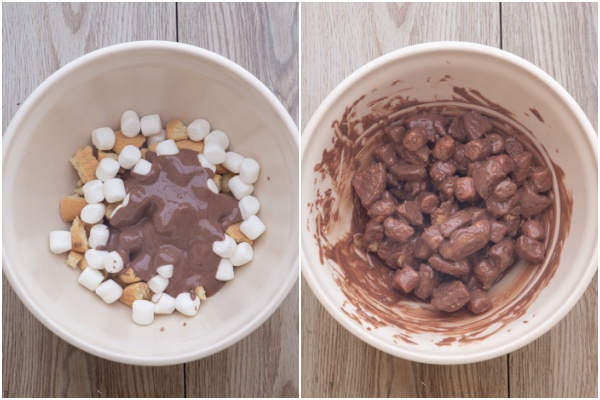 Broken cookies, marshmallows & melted chocolate before and after mixed in a white bowl.