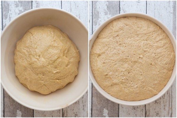Dough in a white bowl before and after rising.