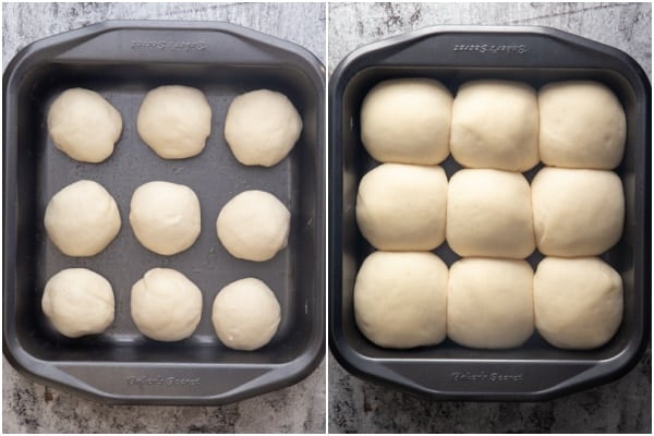 Sourdough dinner rolls before and after rising.