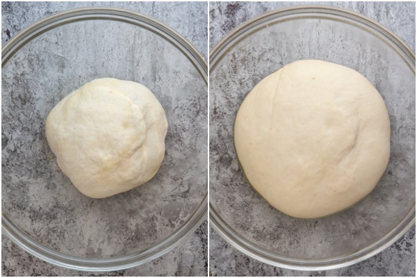 Dough before and after rising in a glass bowl.