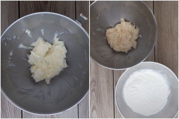 Butter creamed and flour whisked in a white bowl.