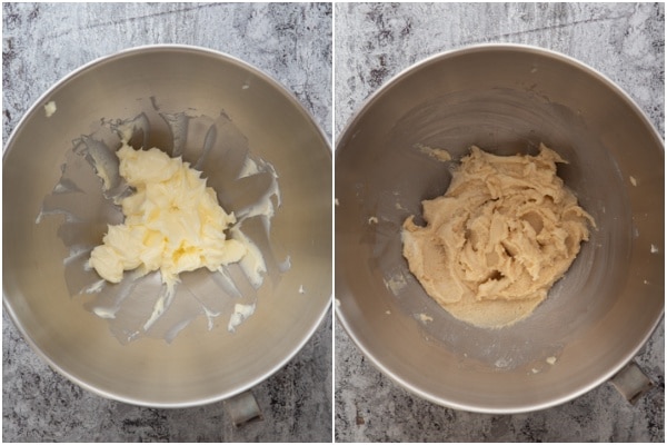 Butter beaten in silver mixing bowl & egg added.
