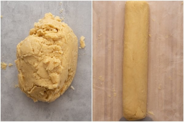 Form into a dough then rolled into a log shape.