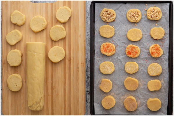 Dough sliced and placed on a parchment paper lined cookie sheet.