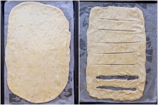 Dough rolled on a cookie sheet.