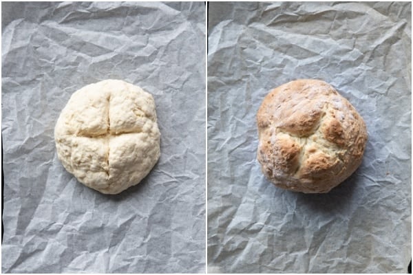 Irish soda bread loaf before and after baking 
