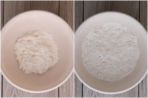 The biga in a white bowl before and after rising.